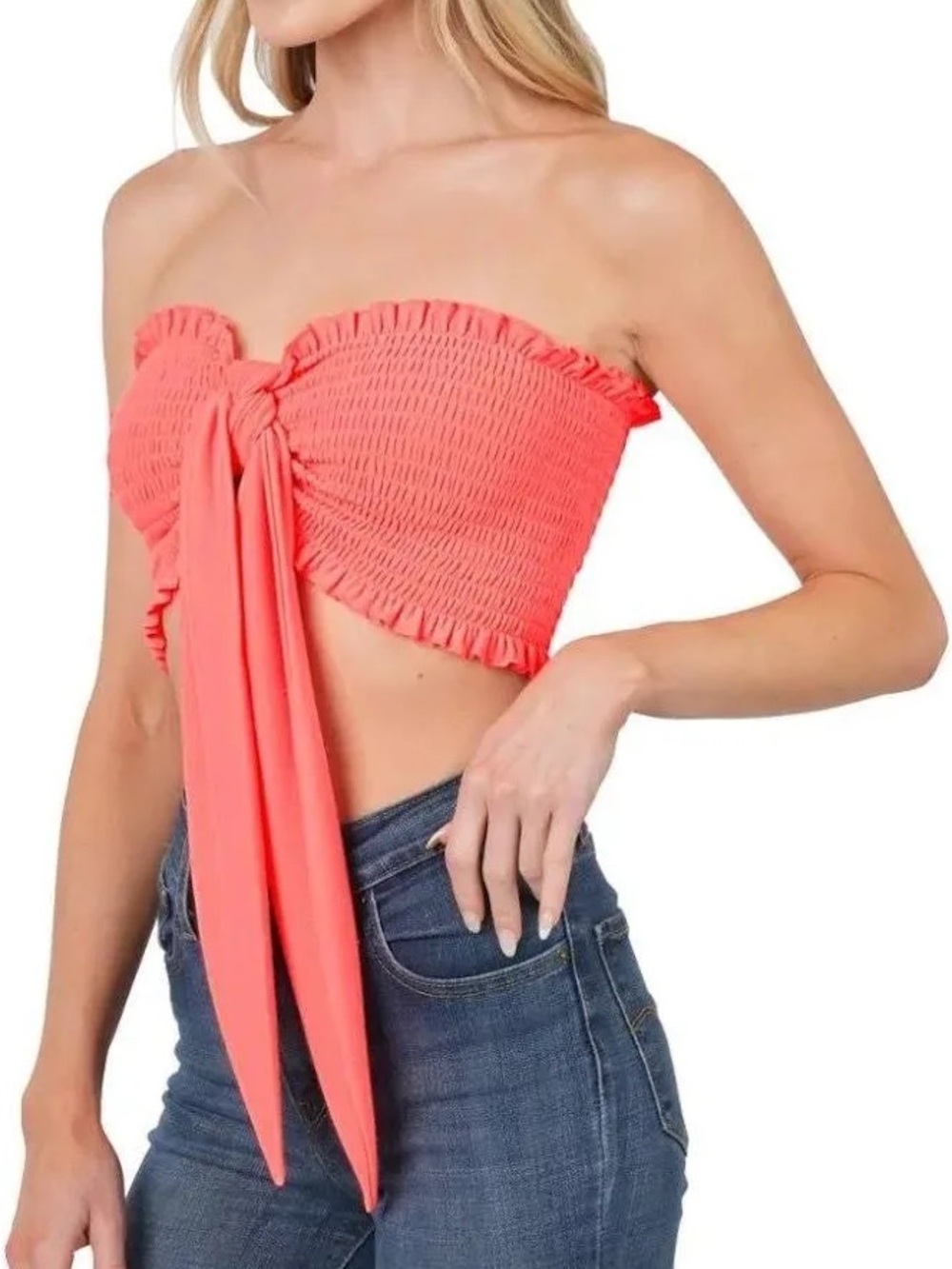 Zenana Smocked Tie-Front Strapless Crop Top - Coral